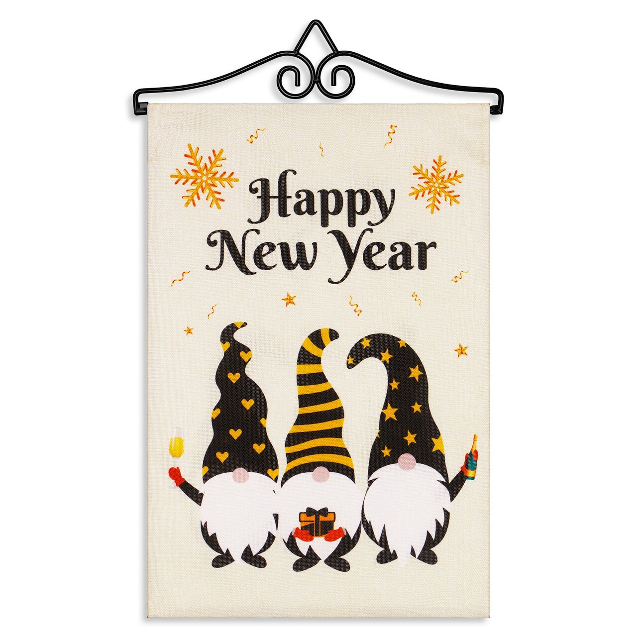 G128 Combo Pack Garden Flag Hanger 14IN & Garden Flag Happy New Year 3 Celebrating Gnomes 12x18IN Printed Double Sided Burlap Fabric